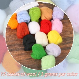 MIDELONG Needle Felting Wool, Fibre Wool Yarn Roving Needle Felt Wool Hand Spinning for Wool Felting Yarn Supplies DIY Craft Materials, 3g/Color, Pack of 15