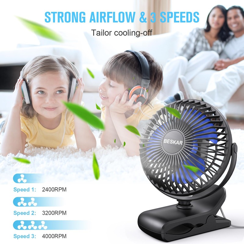BESKAR USB Clip on Fan, Portable Small Fan with Cord