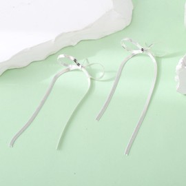 Pwiuor Silver Bow Drop Dangle Tassel Earrings for Women Statement Long Snake Chain Ribbon Dangle Bow Tie Earrings Formal Prom Weeding Bowknot Jewelry Gift
