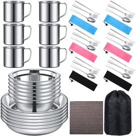 Lallisa Outdoor Camping Cookware Mess Kit Polished Stainless Steel Dishes Camping Utensils Portable Tableware with Plates Cups Spoons Forks Knives Mesh Bag for Backpacking Hiking (4 Person Set)