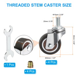 PATIKIL 2 Inch Swivel Caster Wheels, 4Pcs M10x20mm Threaded Stem Casters Load Capacity 264 Lbs with Tool Set for Furniture Trolley Cart, Brown