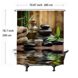 Ulticool Shower Curtain - Zen Spa Meditation Rest Nature - 180 x 200 cm - Washable - Anti Mould - with 12 Rings - Green Beige Black
