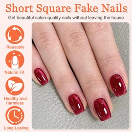 24Pcs French Tips Press on Nails Short Square, Red Cat Eye False Nails in 12 Sizes, Pure Color Acrylic Fake Nail Kit, Glitter Reusable Stick on Nail for Women and Girls Daily Holiday Wedding Wear