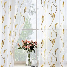 Laseniewa Gold Foil Print Sheer Curtains 84 inches Long, 2 Panels Ginkgo Bronzing Treatment Sheer Curtain, Rod Pocket Window Treatment Panels for Bedroom Living Room