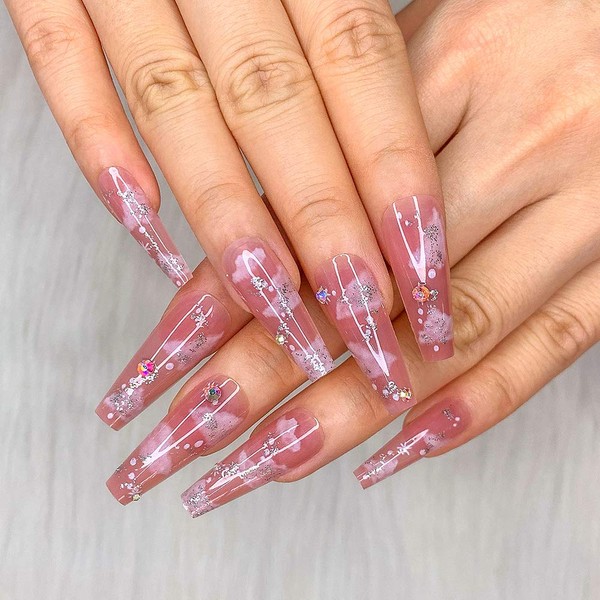 Artquee 24pcs Nude Pink Clear Clouds Ballerina Diamond Long Glossy Coffin Fake Nails Press on Nail False Tips Manicure for Women and Girls