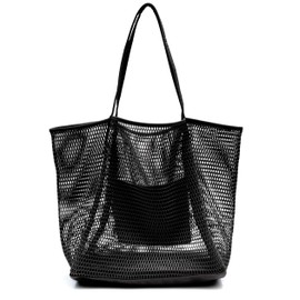 Hoxis Canvas Mesh Bag, Net Bag, Tote Bag, Shopping Bag, Handbag, Women's, Popular, Large Capacity, Fashion, Shopping Bag, Foldable, Pool, Beach (Black)