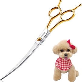 FOGOSP Curved Dog Grooming Scissors Professional 7.5" Grooming Shears for Dogs Pet Right Handed Groomer Japan 440C Stainless Steel (7.5 in Curved, Gold)