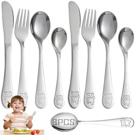 Juego de Cubiertos para Niños de 8 Piezas, Cubiertos de Acero Inoxidable para Niño de Grado Alimenticio,Juego de Utensilios de Tenedor Con Cuchara, Tenedor y Cuchillo Seguros, Para Lavavajillas