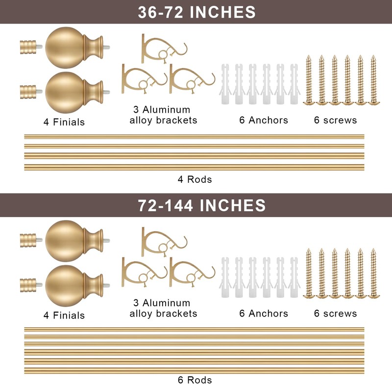 Warm Gold Decorative Curtain Rod, 72-144 Inches, Adjustable Dual Curtain