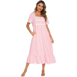 Nanxson Women's Cotton Nightdress Short Sleeve Sleepwear Victorian Nightwear Lounge Dress (S, Pink-62)