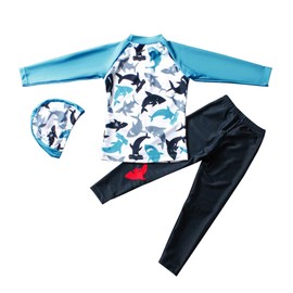 Digirlsor Kids Boys Two Piece Rash Guard Swimsuit Bathing Suit Long Sleeve Sunsuit Swimwear Set with Cap 2-10 Years Blue