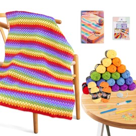 Crochet Kit for Beginners Adults & Kids – Rainbow Crochet Blanket Kit for Beginners with Premium Yarn & Step-by-Step Instructions – Complete Beginner Crochet Kit for Adults Colorful Stripe Blanket