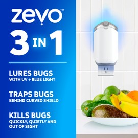 Zevo Flying Insect Trap & 3 Refill Cartridges - Plug in Fly Trap & Indoor Bug Catcher for Gnats, House & Fruit Flies - Blue & UV Light Technology, Mess-Free Alternative to Bug Zapper