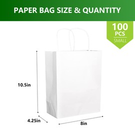 NutriBox 100 Pack White Gift Bags with Handles, 8 X 4¼ X 10½ Inch Blank Retail Paper Bags for Grocery, Shopping, Birthday, Lunch, Party, Wedding, Snack, To Go