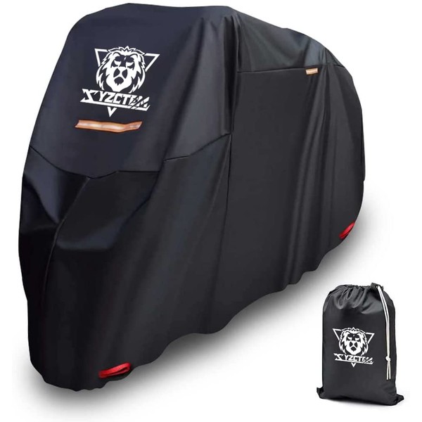 XYZCTEM Motorcycle Cover -Waterproof Outdoor Storage Bag,Made of Heavy Duty Material, Fits up to 116" Harley Davison and All Motors(Black& Lockholes& Professional Windproof Strap) (XXXL)