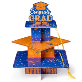 Haooryx Graduation Cupcake Stand Decoration - 3-Tier Orange Blue Graduate Cap Cupcake Tower with Tassel Cardboard Dessert Holder Kindergarten Primary High School College Graduation Party Table Decor
