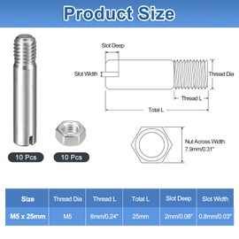 sourcing map 10Pcs Slotted Cylindrical Pin, M5 x 25mm 304 Stainless Steel Dowel External Thread Locating Pin Slotted Screw with Nut for Cabinet Furniture Installation (GB878)