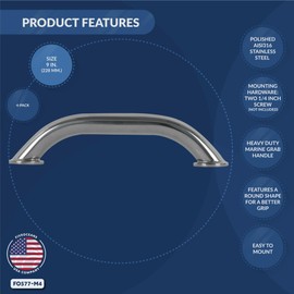 Five Oceans 9-Inch Boat Handle Grab Bar 4-Pack, 316 Stainless Steel Marine Handrail with 7/8" Tube Diameter, Corrosion-Resistant Rail for Pontoon, Fishing, Sport Boats, Yachts, Sailboats - FO577-M4