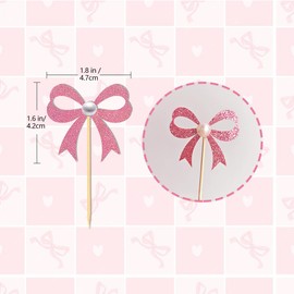24Pcs Pink Bow Cupcake Toppers Pink Bow Birthday Decorations for Coquette Bridal Baby Shower Wedding Themed Party Decorations Supplies (bow)