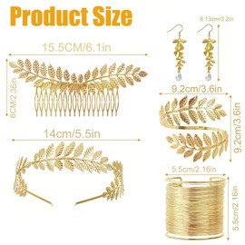 Pack of 5 Greek Goddess Costume Jewellery Set, Greek Goddess Accessories, Leaf Earrings Hair Comb, Boho Leaf Hair Crown Accessories, Greek Goddess Golden Hair Accessories, Arm Coil Bracelet, Metal,