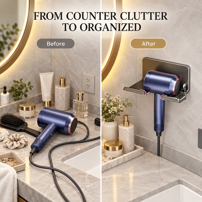 Hair Dryer Wall Holder for Bathroom – No-Drill Aluminum Storage