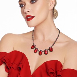 Ever Faith Red Rhinestone Statement Bib Choker Necklace, Wedding Party Vintage Oval Crystal Collar Necklaces Cocktail Prom Jewelry for Women Brides Bridal