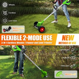 Electric Weed Wacker Cordless Eater Battery Powered, 21V Lightweight Stringless Grass Trimmer/Edger/Brush Cutter, 3 in 1 Weed Trimmer with 2 Battery Operated and Wheels for Yard and Garden