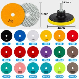18 Pack 4 inch Diamond Polishing Pads Set Wet/Dry Polishing Kit 18pcs 30#-10000# Grit Pads with 2pcs Hook and Loop Backer Pads for Granite Stone Concrete Marble Floor Grinder or Polisher