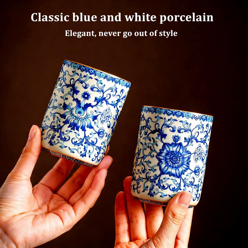 CmengAo Blue and White Floral Porcelain Tea Cups Set of