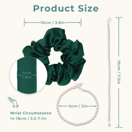 100% Mulberry Silk Scrunchie with Detachable Pearl Bracelet, Green Pure Silk Hair Tie & Multi-Use Bracelet, 2-in-1 Accessory