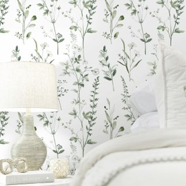 Fiula Peel and Stick Wallpaper Green Leaves Wall Paper White Boho Contact Paper 17.3"×78.7" Left Self-Adhesive Removable for Bedroom Leaf Waterproof Shelf Liner Decal Vinyl Roll