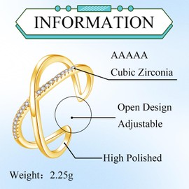 Bewenda Silver Rings for Women, Adjustable Open Ring with White Zirconia, 925 Sterling Silver Open Thumb Ring in X-Shape, Hypoallergenic Single Open Finger Rings, Simple Promise Ring with Gift Box