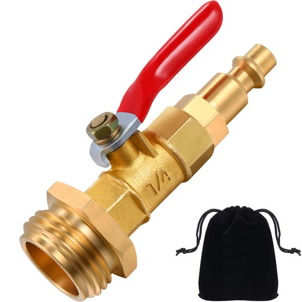 Hotop Winterize Blowout Adapter with 1/4 Inch Male Quick Connecting Plug and 3/4 Inch Male GHT Thread, Brass Made Winterizing Quick Adapter with Ball Valve, Easy Blow Out Water to Winterize