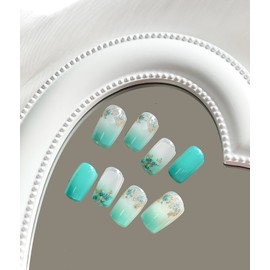 SWEKKE Press on Nails Medium Square Summer Fake Nails Gradient Lake Blue Full Cover False Nails with Glitter Fragments Designs Glossy Stick on Nails Artificial Nails for Women Girls 24 Pcs