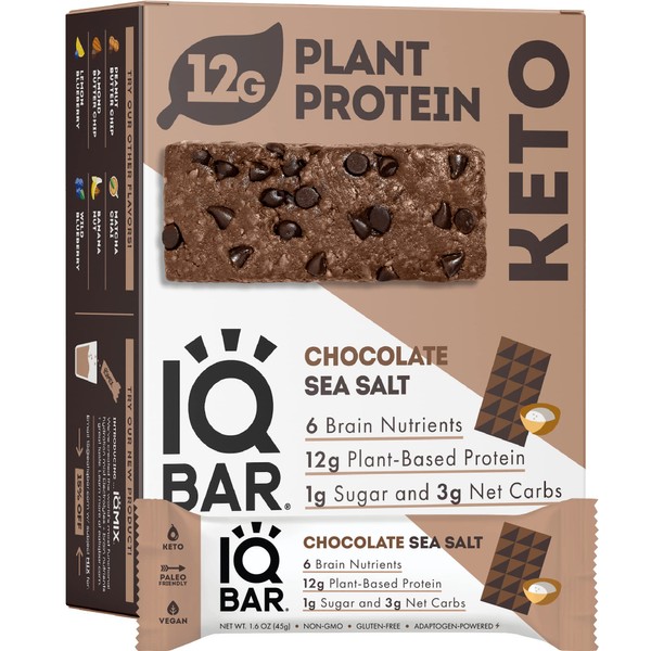 IQBAR Brain and Body Keto Protein Bars - Chocolate Sea Salt Keto Bars - 12-Count Energy Bar Pack - Low Carb Protein Bars - High Fiber, Gluten Free and Low Sugar Meal Replacement Bars - Vegan Snacks