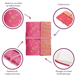 Sari Notebook Mini 8cm x 10.5cm - Pink - Unlined Recycled Paper - Elastic Closure - Pocket Notebook and Diary - Indian Stationery Gift - for Men Women Students