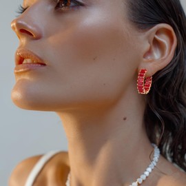 Lourny Crystal Hoop Earrings for Women, 18K Gold Plated Chunky CZ Earrings Hypoallergenic Trendy Lightweight Earring Multcolors Jewelry Gifts for Women (Red)