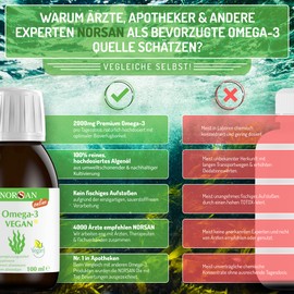 NORSAN Premium Omega 3 vegan high dose - 2,000 mg omega-3 daily dosage - recommended by over 2000 doctors - rich in EPA and DHA with 800 IU vitamin D3, 100% vegan, no burping