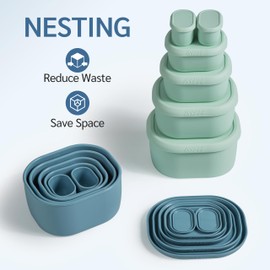 ISSEVE 6Pcs/Set Nesting Silicone Food Storage Containers with Lids, BPA Free Reusable Meal Prep Silicone Containers Lunch Box Bento Box Set (33.8oz, 20oz, 10oz, 6.7oz, 1.3oz) (Blue)