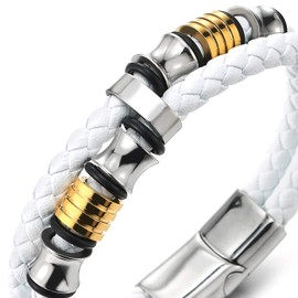 COOLSTEELANDBEYOND Double-Lap Braided Leather Bracelet Men's Bracelet Leather Sweatband Stainless Steel Clasp, White Leather, No gemstone