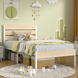 VECELO Twin Bed Frame with Wooden Headboard and Footboard, Heavy-Duty Platform Frames with Metal Slats Support System, 12 inch Under-Bed Storage, No Box Spring Needed, Natural Maple