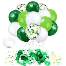 Jungle Theme Party Balloons Supplies- 50pcs 12 inch White Green Gold Confetti Latex Balloons with 33 Ft White Ribbon for Summer Pool Baby Shower Birthday Party Spring Decorations