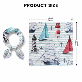Xuwenz Hair Scarf Nautical Pattern Lightweight Silk Feel Like Boats Ships Vessels Anchor 35x35 Inch