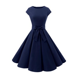 Dressystar Women's Vintage Cap Sleeve A Line Cocktail Party Dress 1950s Retro Rockabilly Prom Swing Dresses Navy XS