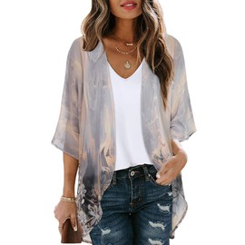 Womens Summer Tops Kimono Cardigan Floral Beach Cover up Casual Jackets Shirts（Light Gray，L）