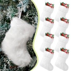 JOVITEC 8 Pieces 7 Inch White Christmas Stockings Faux Fur Snowy Christmas Stockings Xmas Fireplace Hanging Stocking Candy Gift Bags for Holiday Decorations