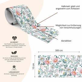 Muralo - Selbstklebende Bordüre - Tapetenbordüre Wandbördure - Dekorative Wandtatto für Wände, Möbel, Decken, Tapeten, Wandverkleidungen, Türen - Pastellfarbene Blumen - Br.10cm x Hö.300cm
