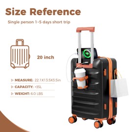 YANQIAO 20” Suitcase, Airline Certified Luggage, Carry-on Luggage, Hard Shell Lightweight Luggage with Spinner Wheels(Black)
