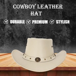 Fine Motto Unisex Western Genuine Leather Cowboy Hat - Wide Brim, Vintage Band Durable Australian Outback Hat (US, Alpha, Medium, Beige White)