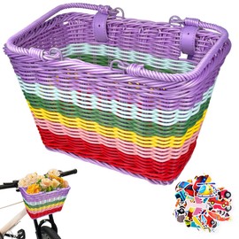Kids Bike Basket Front, Kids Scooter Basket, Cute Square Wicker Bicycle Basket for Boys Girls, Detachable Handlebar with Adjustable Leather Straps (Rainbow)